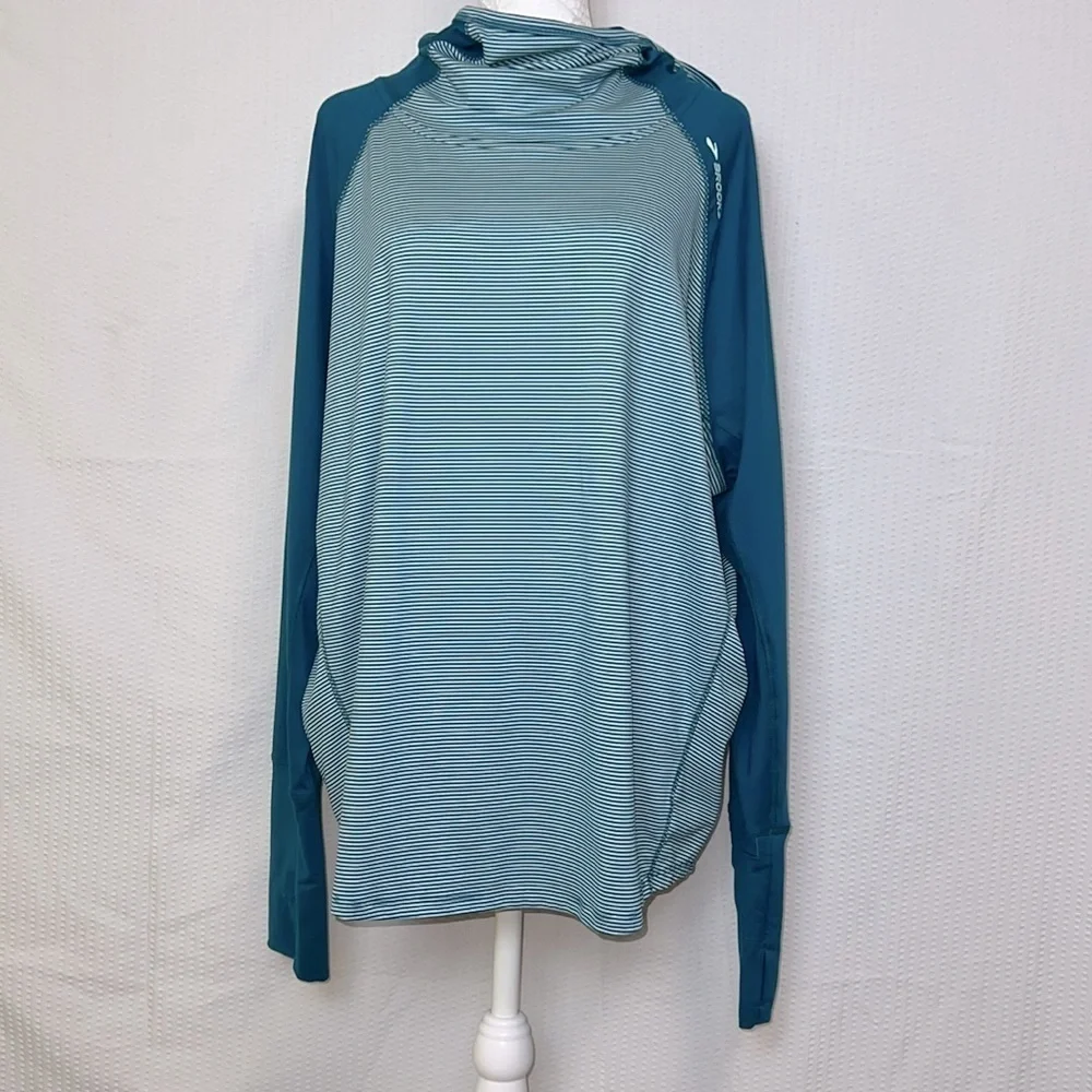 Brooks Turquoise Blue Striped Lightweight Run Happy Long Sleeve Hoodie -Sz Large